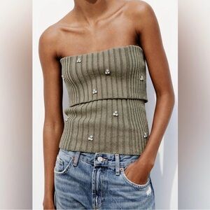 Zara olive green jewel off shoulder sweater top